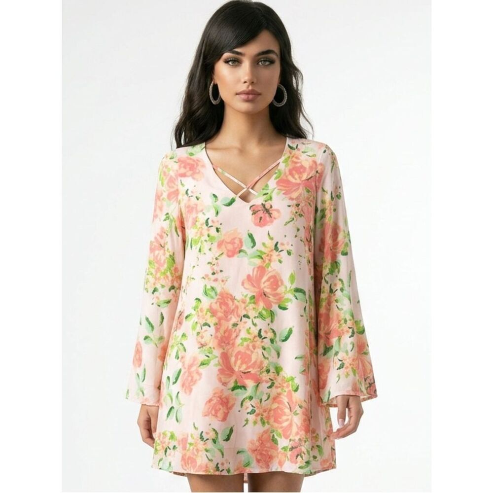 LULU’S | Floral Tie Back Long Sleeve Mini Dress Strappy Front Women’s Size Small